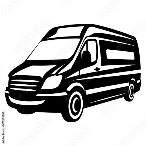 Sleek black and white illustration of a commercial van on white background