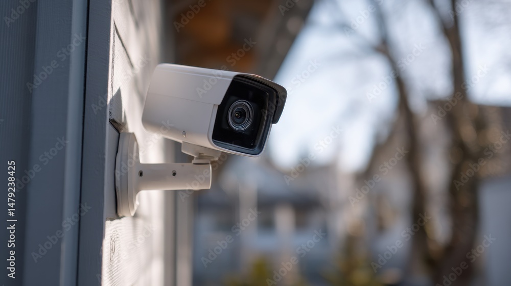 A 4K photo of modern security camera mounted on exterior house wall. Homeowner installs tech for home security. Property owner enhances safety measures. Smart tech protects. A 4K photo of modern security camera mounted on exterior house wall. Homeowner installs tech for home security. Property owner enhances safety measures. Smart tech protects.