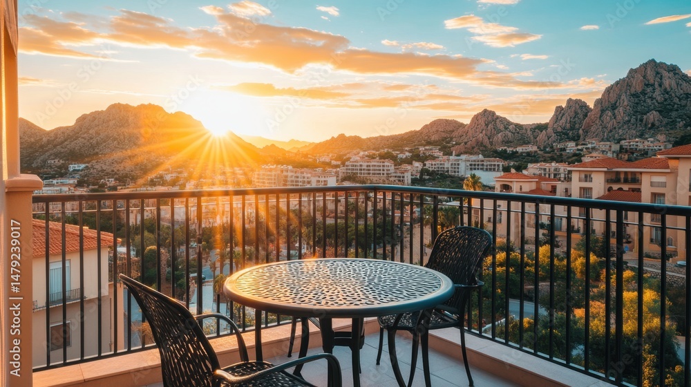 Fototapeta premium Luxury hotel balcony with breakfast table and sunrise over distant mountains