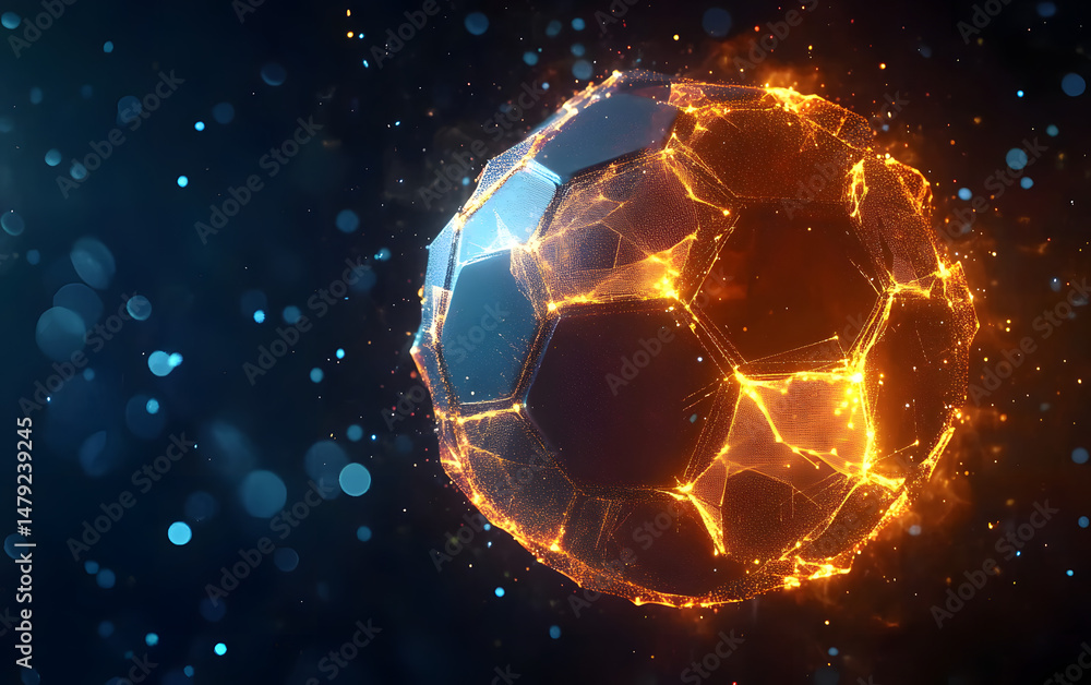 Fototapeta premium A digitally created soccer ball made of glowing polygons and particles, symbolizing innovation in sports technology.