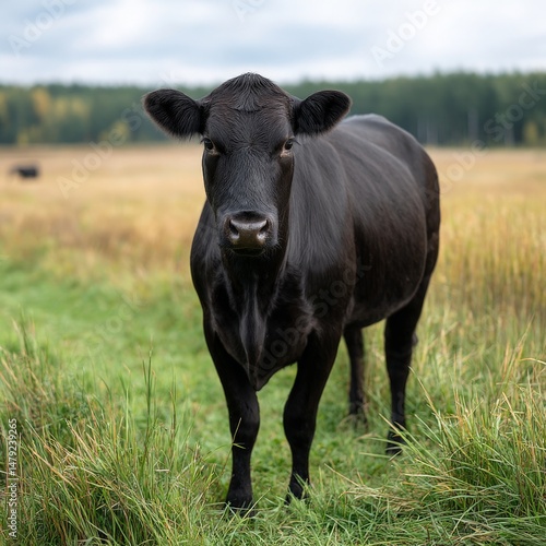 Wallpaper Mural Black cow standing in a lush green pasture under a cloudy sky, showcasing its calm demeanor and natural habitat surrounded by tall grass and trees in the background. Torontodigital.ca