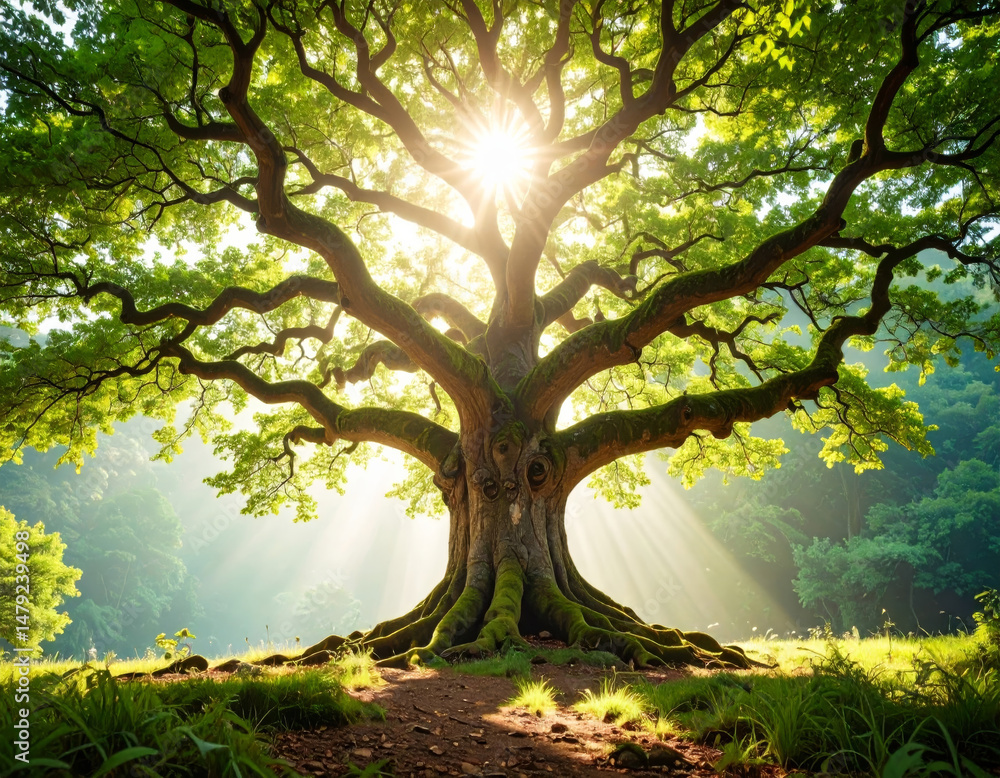 Fototapeta premium majestic tree with sprawling branches and vibrant green leaves stands in sunlit forest, casting beautiful rays of light. scene evokes sense of tranquility and connection to nature