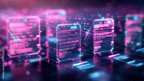 Futuristic digital data transfer concept with glowing holographic knowledge transfer interface and floating database documents in neon pink and blue