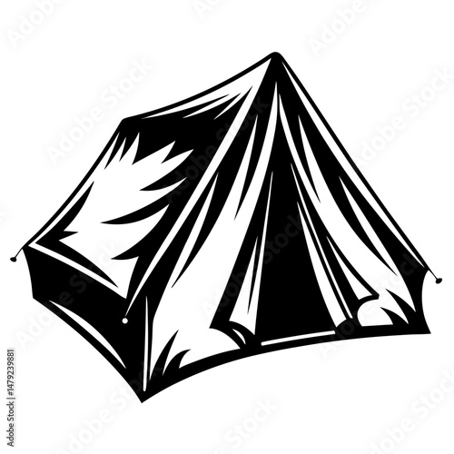Black and white vector graphic of a classic camping tent structure