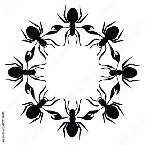 A ring of stylized black ants encircles a white empty space