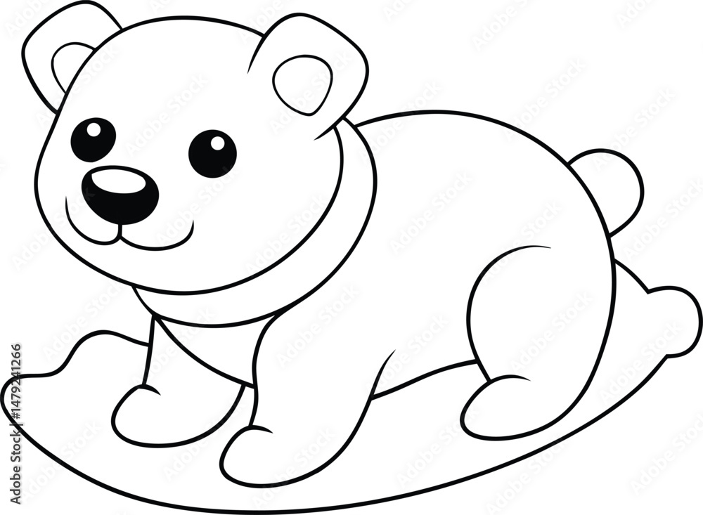 Fototapeta premium Fluffy Polar Bear Cub Sliding Line Art Vector