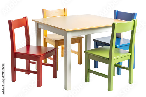 Colorful table and chairs for children's room isolated on transparent background.