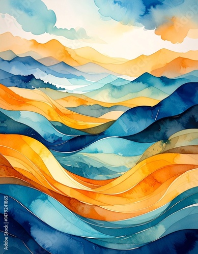 A serene watercolor painting showcasing majestic mountains under a soft, wispy cloud-filled sky, blending vibrant blues and earthy greens harmoniously.