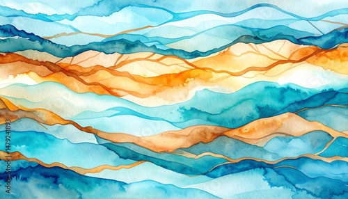 A serene watercolor painting depicting majestic mountains under a soft, cloudy sky, with gentle hues blending seamlessly to create a tranquil landscape.