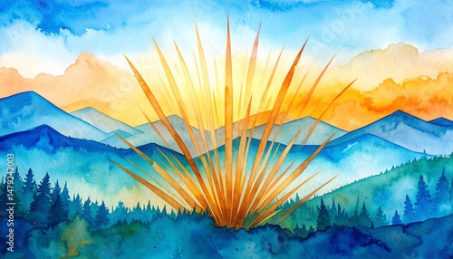 A serene watercolor painting depicting majestic mountains in soft hues, surrounded by lush green trees, with a gentle sky blending warm and cool tones.