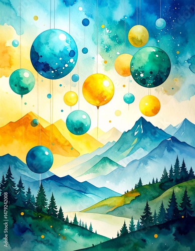 A serene watercolor painting depicting majestic mountains in soft hues, surrounded by lush green trees, capturing the tranquility of nature's beauty.