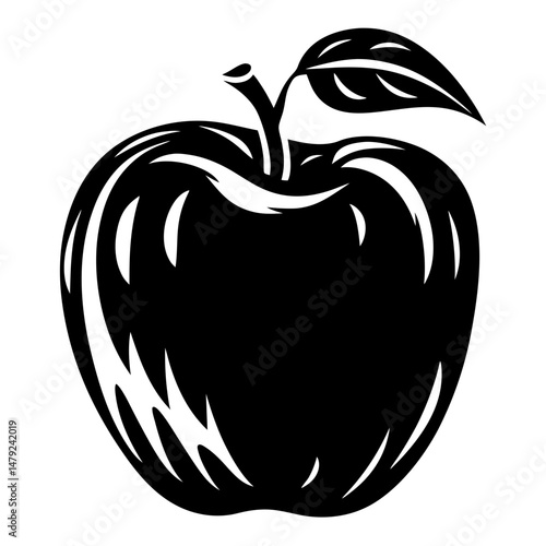 Bold black and white apple illustration with artistic cutout design style