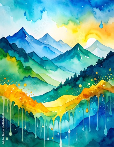 A serene watercolor painting showcasing majestic mountains in soft hues, surrounded by lush green trees, capturing the tranquility of nature's beauty.