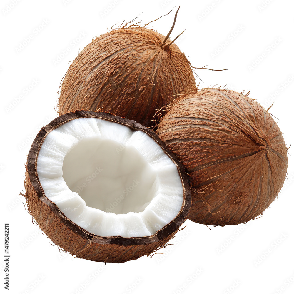 Fresh coconuts, whole and sliced, showcasing the white flesh Fresh coconuts, whole and sliced, showcasing the white flesh