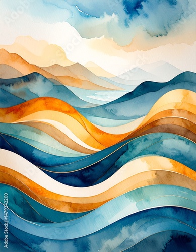 A serene watercolor painting showcasing majestic mountains in soft hues, with gentle waves lapping at the shore, blending nature's beauty harmoniously.