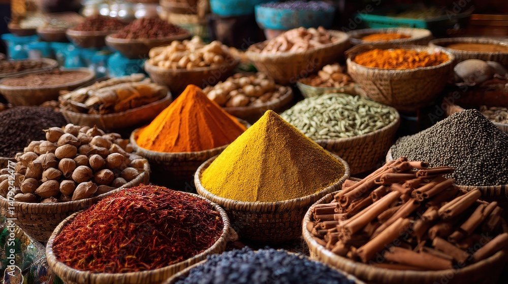 Fototapeta premium A 4K photo of piles of differnt colorful spices, aromatic ingredient.