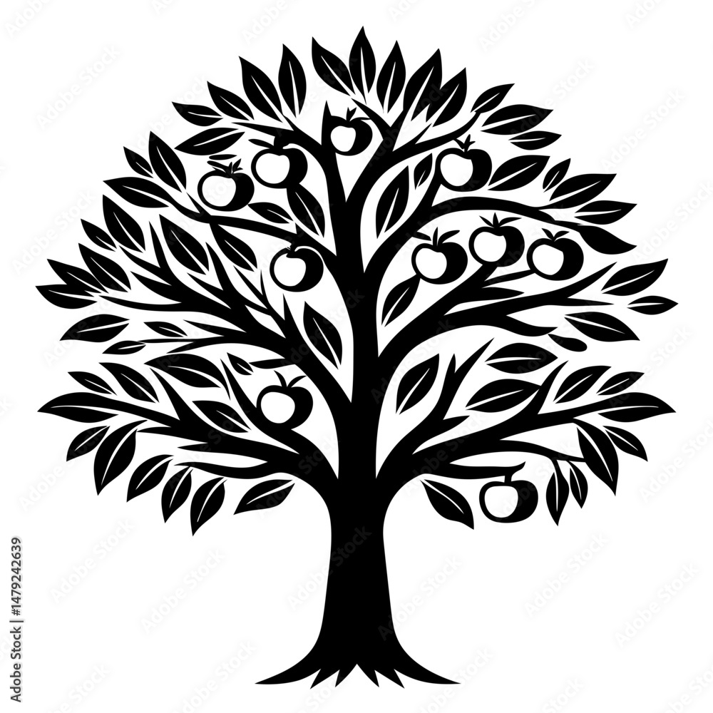 Obraz premium Stylized Apple Tree Silhouette with Abundant Fruit and Leaf Coverage