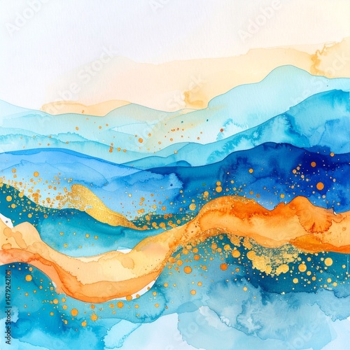 A vibrant watercolor painting featuring a harmonious blend of rich gold and deep blue hues, creating an abstract, fluid design that evokes tranquility.