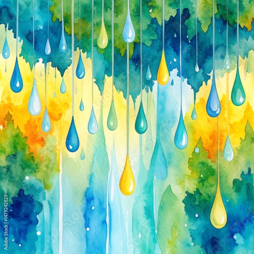 A soft, dreamy watercolor background featuring delicate raindrops in various shades of blue and gray, creating a serene and calming atmosphere.