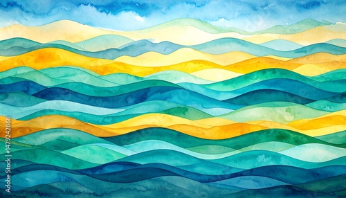 A serene watercolor background featuring soft, flowing waves in varying shades of blue and turquoise, evoking a tranquil oceanic atmosphere.