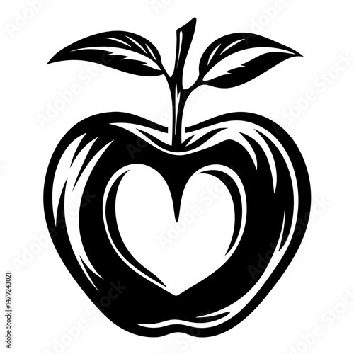 Stylized Apple with Heart Shaped Core in Black and White Design