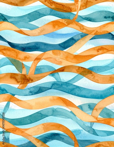 Vibrant watercolor waves fabric by the yard available on Spoonflower, featuring a stunning blend of blues and greens, perfect for custom sewing projects.
