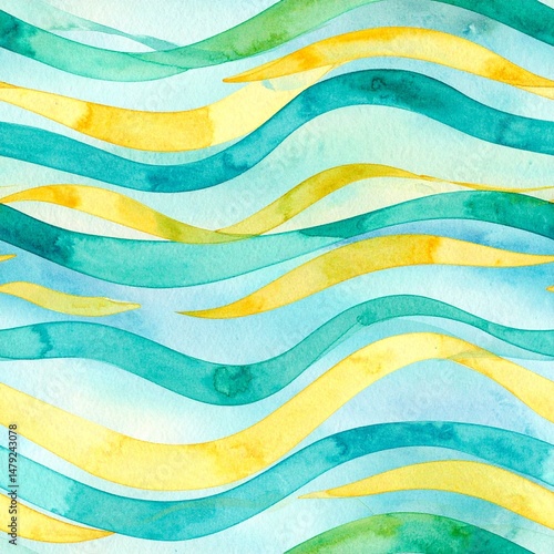 A vibrant watercolor pattern featuring flowing waves in shades of blue and turquoise, with soft white highlights, creating a serene oceanic feel.