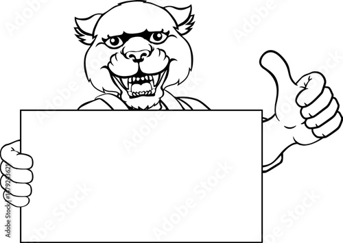 A panther painter, handyman, mechanic, plumber or other construction cartoon mascot man in overall dungarees. Giving a thumbs up.
