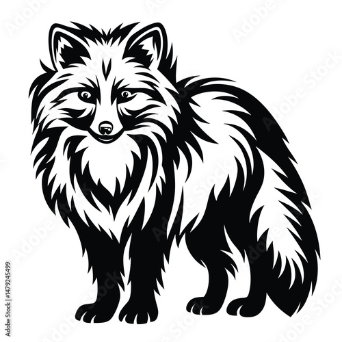 Monochromatic Illustration of a Raccoon Dog with Detailed Fur Texture