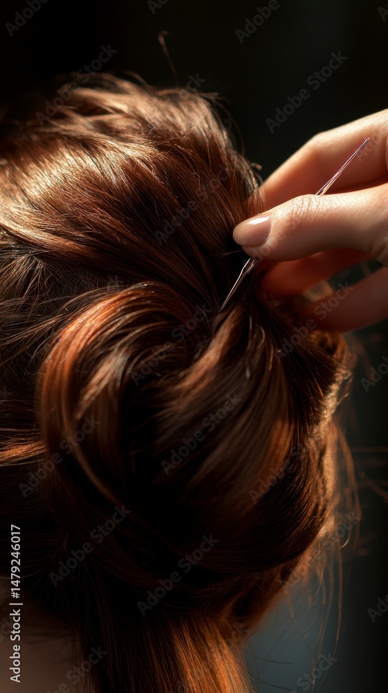 Obraz premium Elegant Updo Creation with Brown Hair and Hair Pin in Focus