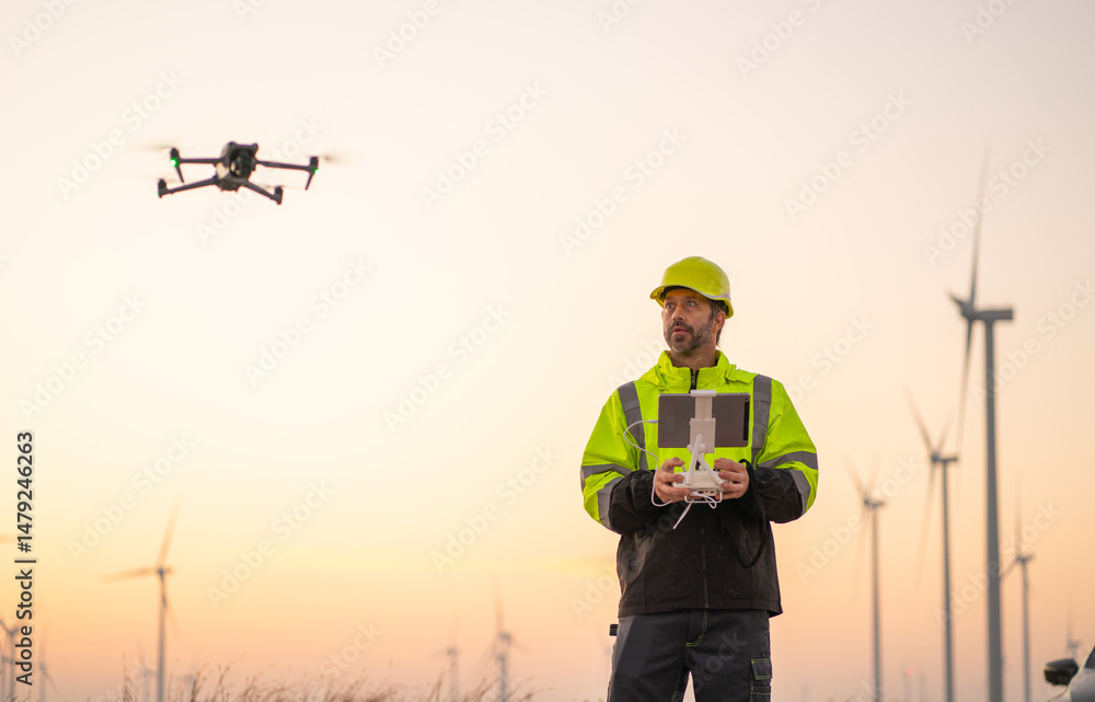 custom made wallpaper toronto digitalEngineer Specialists Pilot Drone on Wind Turbine Farm. Architectural Engineer and Safety Engineering Inspector Fly Drone at industrial plant.