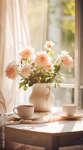 Wallpaper Mural Bouquet of flowers in vase with cup of tea Torontodigital.ca