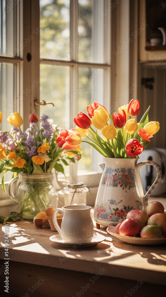 Tulips in the vase as home decoration Tulips in the vase as home decoration