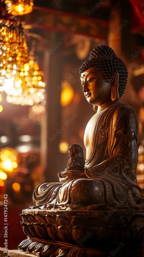 Fototapeta premium Serene Buddha Statue in Temple with Warm Light Reflections
