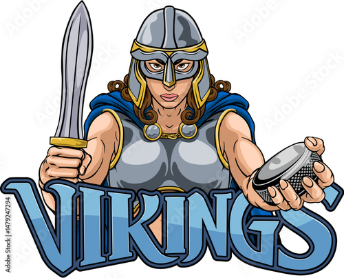 A female viking woman ice hockey sports team cartoon mascot