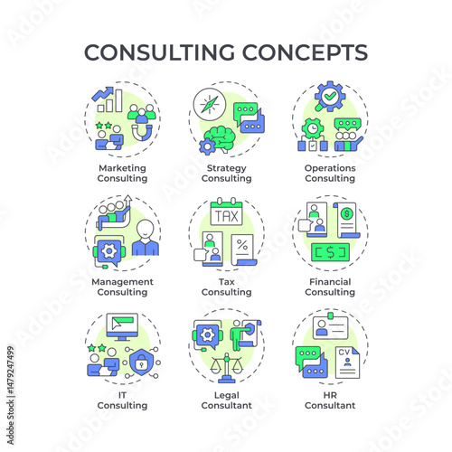 Consulting multi color concept icons. Business strategy, planning. Marketing, workflow. Tax management. Icon pack. Vector images. Round shape illustrations for infographic. Abstract idea