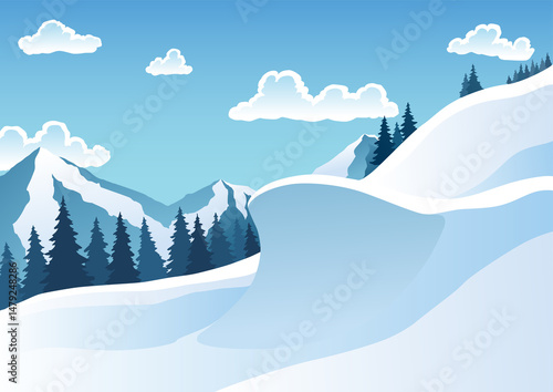 Mountain ski resort landscape. Winter web banner design. Sport on vacations or winter activity. cartoon illustration