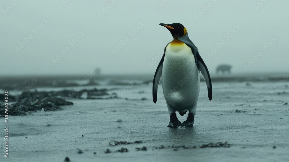 Fototapeta premium A king penguin strides across a frosty tundra, mist swirling around its feet, icy textures forming across the frozen ground