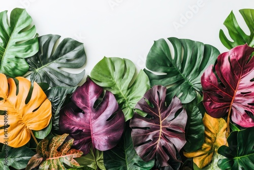 Vibrant tropical leaves border on white