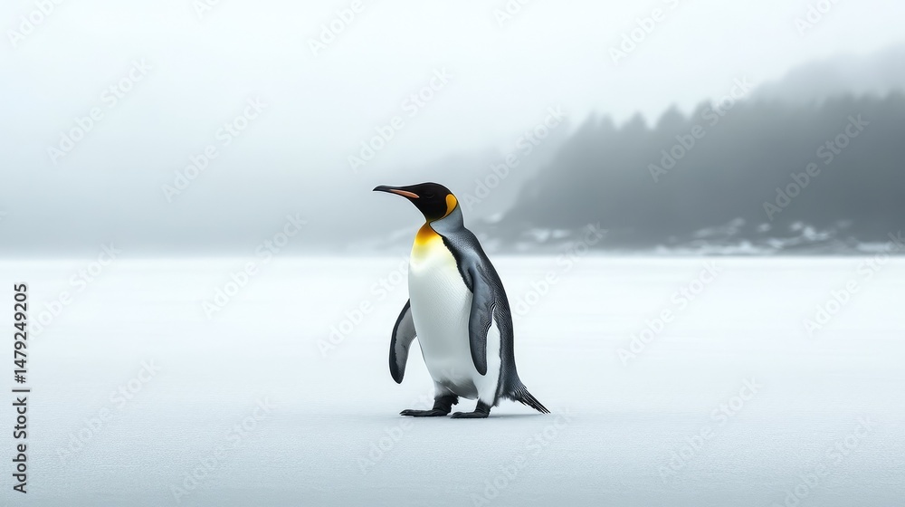 Fototapeta premium A regal king penguin steps forward across a blanketed white field, fog thickening in the distance