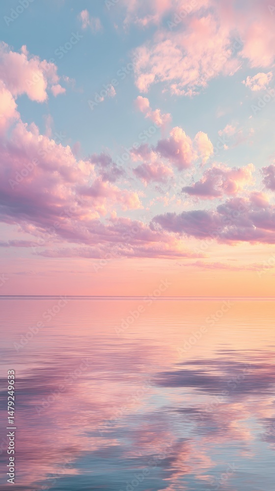 Fototapeta premium Serene Sunset Over Calm Waters with Soft Pink and Purple Clouds Reflecting on the Smooth Surface of the Ocean at Dusk