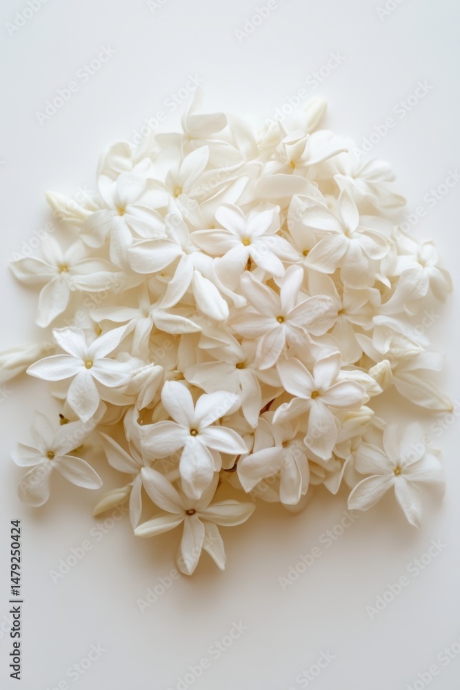 Obraz premium Close up of pile of white jasmine flowers on white background top view studio shot floral arrangement