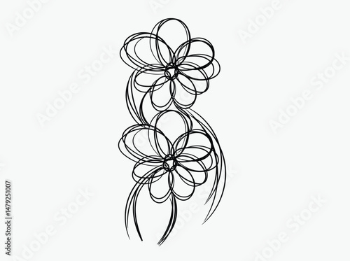 Abstract Black and White Floral Design Two Simple Flowers Line Art Sketch