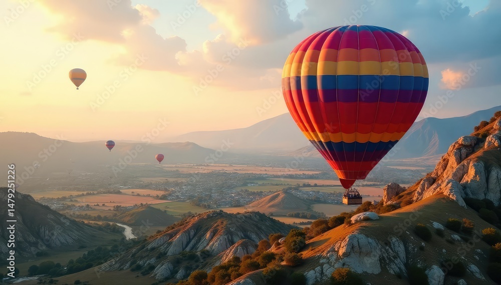 Fototapeta premium Colorful hot air balloons soaring over scenic landscape, hot air balloon, fiesta, above