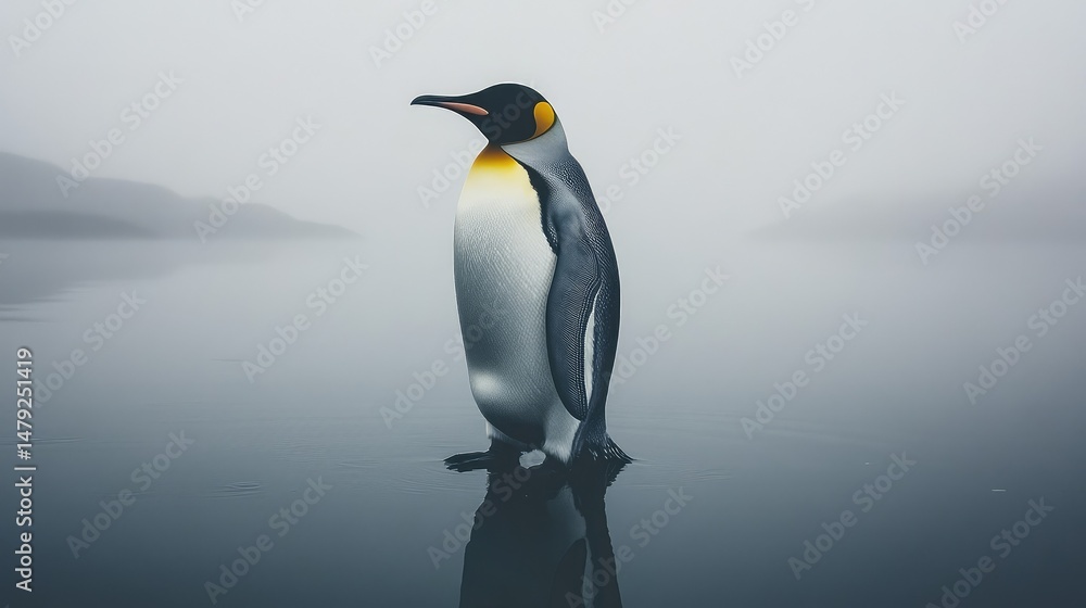 Fototapeta premium Fog blankets a vast tundra as a king penguin steps forward with determination, its body framed by white and grey hues