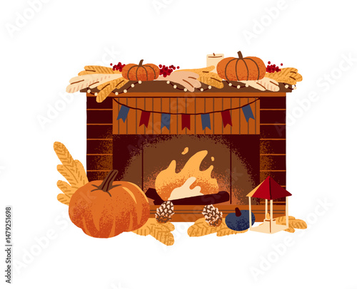 Decorated fireplace with pumpkins, dry plants, paper garland. Cozy fireside with burning flame, fire. Interior decoration with autumn aesthetics. Flat isolated hand drawn vector illustration on white.