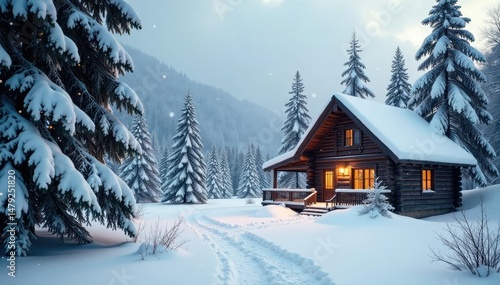 Wallpaper Mural Cozy winter scene with snow-covered trees and a rustic cabin , winter backdrop, christmas Torontodigital.ca