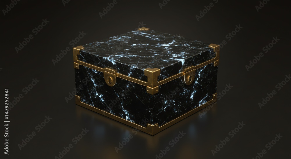 Obraz premium An elegant closed black marble treasure chest with ornate gold fittings, a mysterious symbol of hidden secrets and luxury.