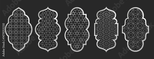 Arabian mosque windows, arabic door with arabesque ornament shape. Old islamic frames, arches with metal geometric motif pattern. Gates with mashrabiya silver panel. Muslim palace architecture borders