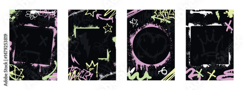 Graffiti posters with spray paint borders, urban elements, inky scribbles. Vector set of grunge cover design with abstract street art tags, stencil frames with ink drips, splatters on black background
